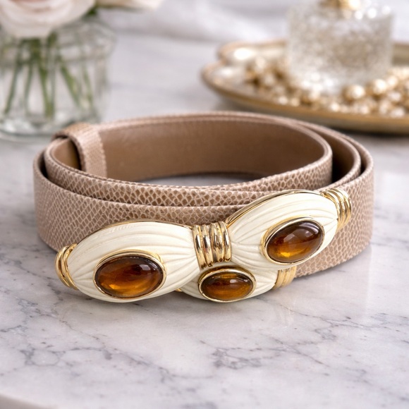 Judith Leiber Adjustable Embellished Leather Belt | Gold & Ivory | S–XL - Picture 2 of 8